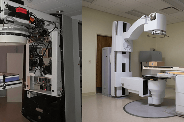 Two views of a linear accelerator radiation therapy machine. The left shows the machine’s inner workings, with wires and electrical components exposed. The right shows the machine assembled, with its white and gray arm extended over a patient table. A small monitor is mounted high on the wall.